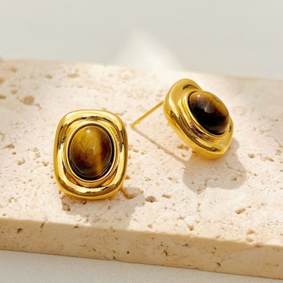 18K Gold Plated Tiger Eye Earrings*Square Earrings*Vintage Inspired Earrings - Picture 3 of 4